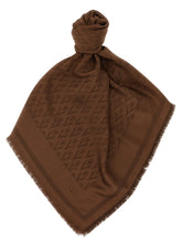 Valentino Garavani brown silk scarf featuring a refined monogram pattern and elegant border, front view.
