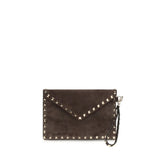 Valentino Garavani brown suede leather wallet featuring a gold-tone logo emblem and structured rectangular silhouette.