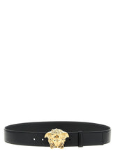 Front view of a Versace men's regular belt in smooth black calfskin leather with a polished silver-tone buckle.