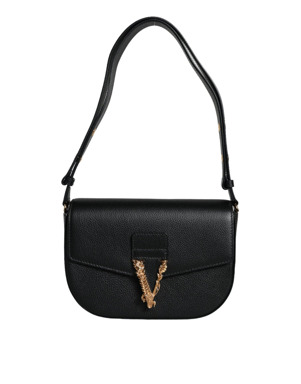 Versace Black Grainy Calf Leather Logo Crossbody Shoulder Bag - Cross Body Bags
