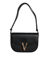 Versace Black Grainy Calf Leather Logo Crossbody Shoulder Bag - Cross Body Bags