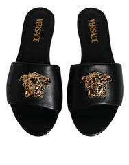 Versace Black Leather Logo Plaque Slip On Slides Flats Shoes - EU38/US7.5 - Sandals