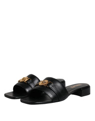 Versace Black Leather Logo Plaque Slip On Slides Flats Shoes - Sandals