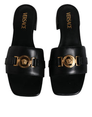 Versace Black Leather Logo Plaque Slip On Slides Flats Shoes - Sandals