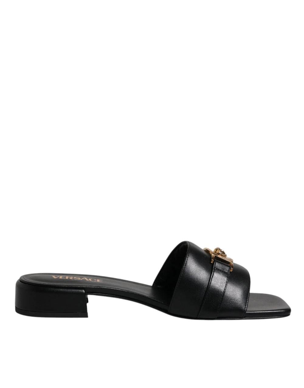 Versace Black Leather Logo Plaque Slip On Slides Flats Shoes - Sandals