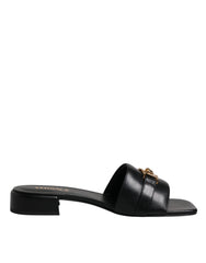Versace Black Leather Logo Plaque Slip On Slides Flats Shoes - Sandals