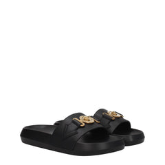 Versace Black Leather Slippers Sandals - Slippers