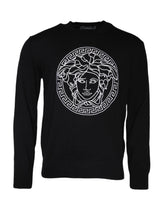 Versace Black Medusa Embroidery Crew Neck Pullover Sweater - Sweaters