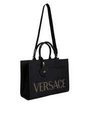 Versace Black Top Handle Canvas Leather Logo Crossbody Tote Bag - Cross Body Bags
