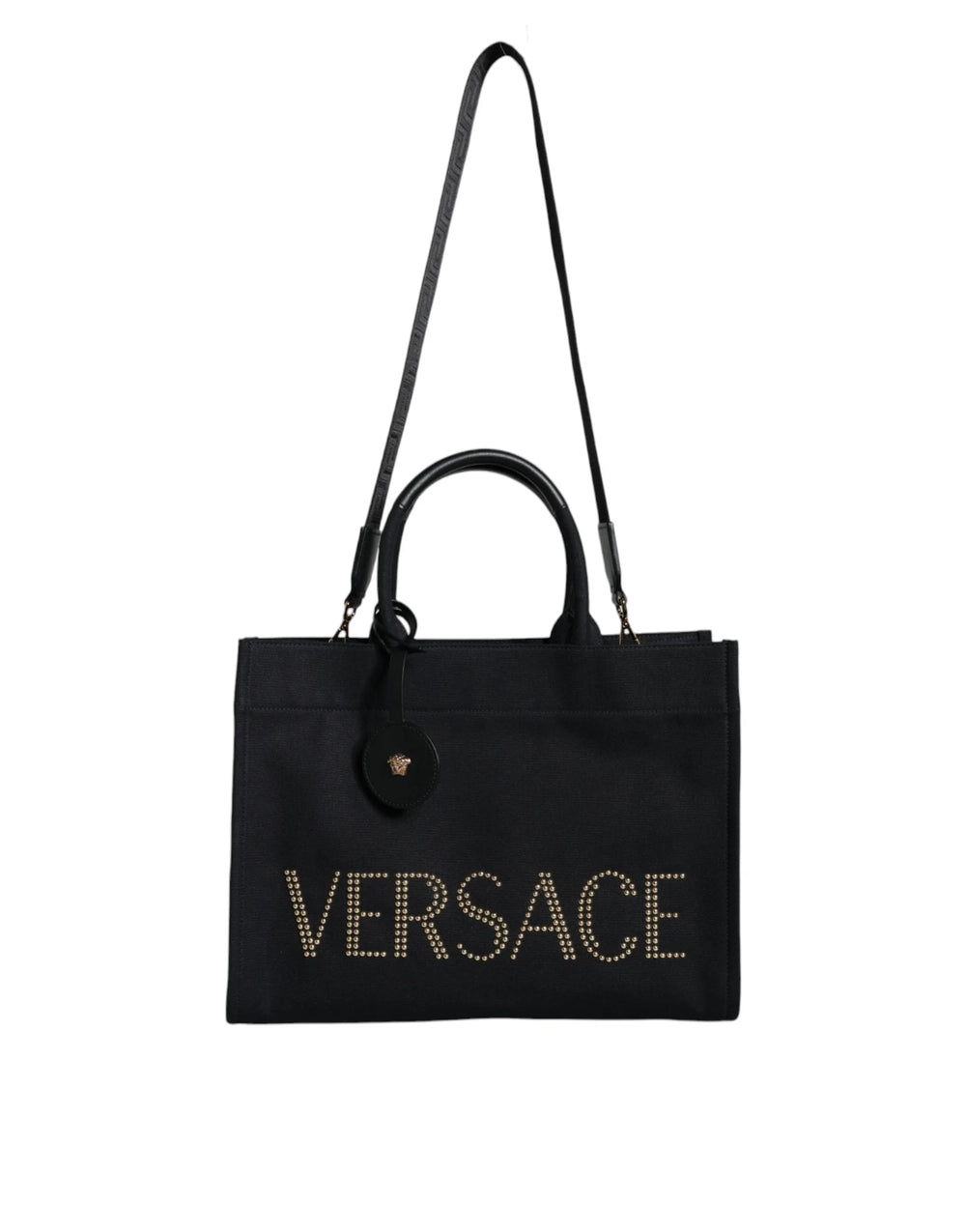 Versace Black Top Handle Canvas Leather Logo Crossbody Tote Bag - Cross Body Bags