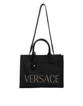 Versace Black Top Handle Canvas Leather Logo Crossbody Tote Bag - Cross Body Bags