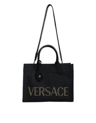 Versace Black Top Handle Canvas Leather Logo Crossbody Tote Bag - Cross Body Bags