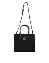 Versace Black Top Handle Canvas Leather Logo Crossbody Tote Bag - Cross Body Bags