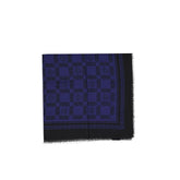 Versace blue modal scarf featuring a tonal logo pattern and delicate eyelash fringe, a refined accessory for women.