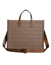 Versace Brown Top Handle Jacquard Leather Logo Crossbody Tote Bag - Cross Body Bags