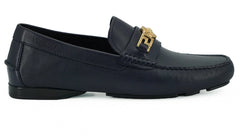 Versace Elegant Navy Blue Calf Leather Loafers - Flats