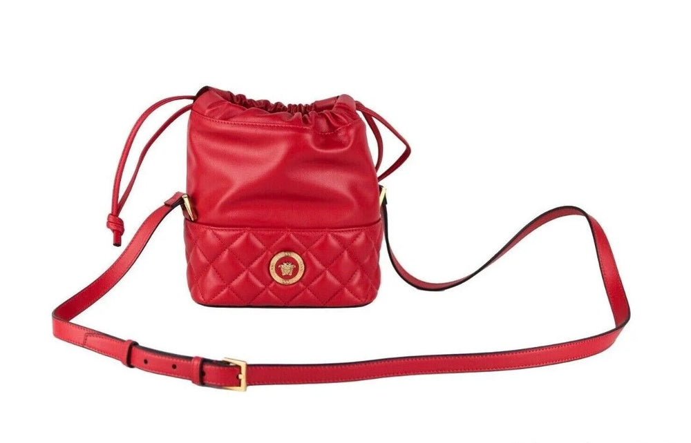 Versace Red Quilted Leather Drawstring Shoulder Bag Bucket Crossbody Handbag - Bucket Bags