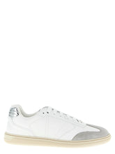 Versace white calfskin low top sneakers featuring a minimalist profile and tonal lace-up front for a refined aesthetic.