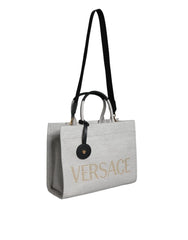 Versace White Top Handle Canvas Leather Logo Crossbody Tote Bag - Shopper Bags
