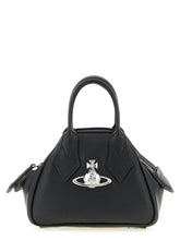 Front view of a Vivienne Westwood black polyethylene handbag featuring the iconic silver-tone Orb emblem.