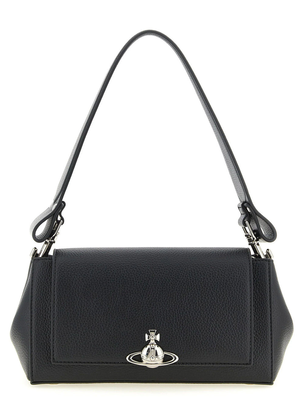 Front view of a Vivienne Westwood black polyethylene shoulder bag featuring the iconic silver-tone Orb emblem.