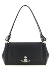 Front view of a Vivienne Westwood black polyethylene shoulder bag featuring the iconic silver-tone Orb emblem.