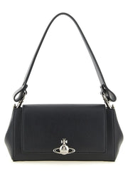 Front view of a Vivienne Westwood black polyethylene shoulder bag featuring the iconic silver-tone Orb emblem.