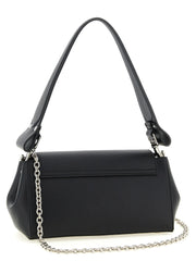 Side profile of the Vivienne Westwood black shoulder bag showing its structured silhouette and slim design.