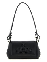 Vivienne Westwood black polyethylene shoulder bag featuring the iconic silver-tone Orb emblem on the front panel.