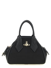Front view of a Vivienne Westwood black viscose handbag featuring the iconic silver-tone Orb emblem and structured handles.