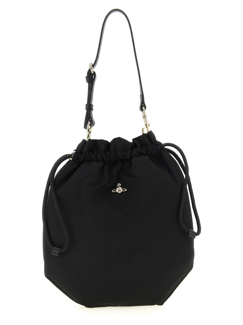 Vorderansicht einer Vivienne Westwood schwarzen Viskose-Handtasche mit dem ikonischen silberfarbenen Orb-Emblem auf einem strukturierten Korpus.