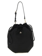 Front view of a Vivienne Westwood black viscose handbag featuring the iconic silver-tone Orb emblem on a structured body.