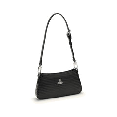 Side profile of the black Vivienne Westwood Tasha bag showing its structured silhouette and slim leather shoulder strap.