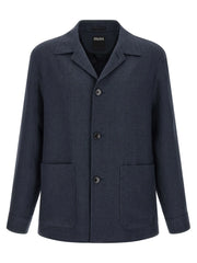 ZEGNA Blue Linen Full-Length Jacket