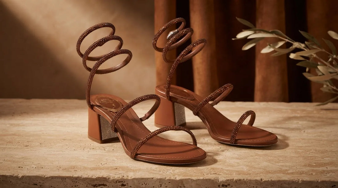 RENE CAOVILLA Brown Viscose Strap-On Sandals: Craft and Detail