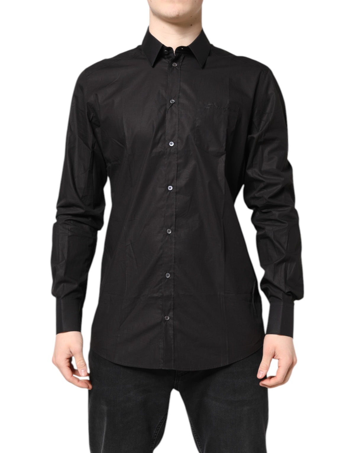 Dolce & Gabbana Camisa Formal de Algodón Negra y DORADA con Cuello