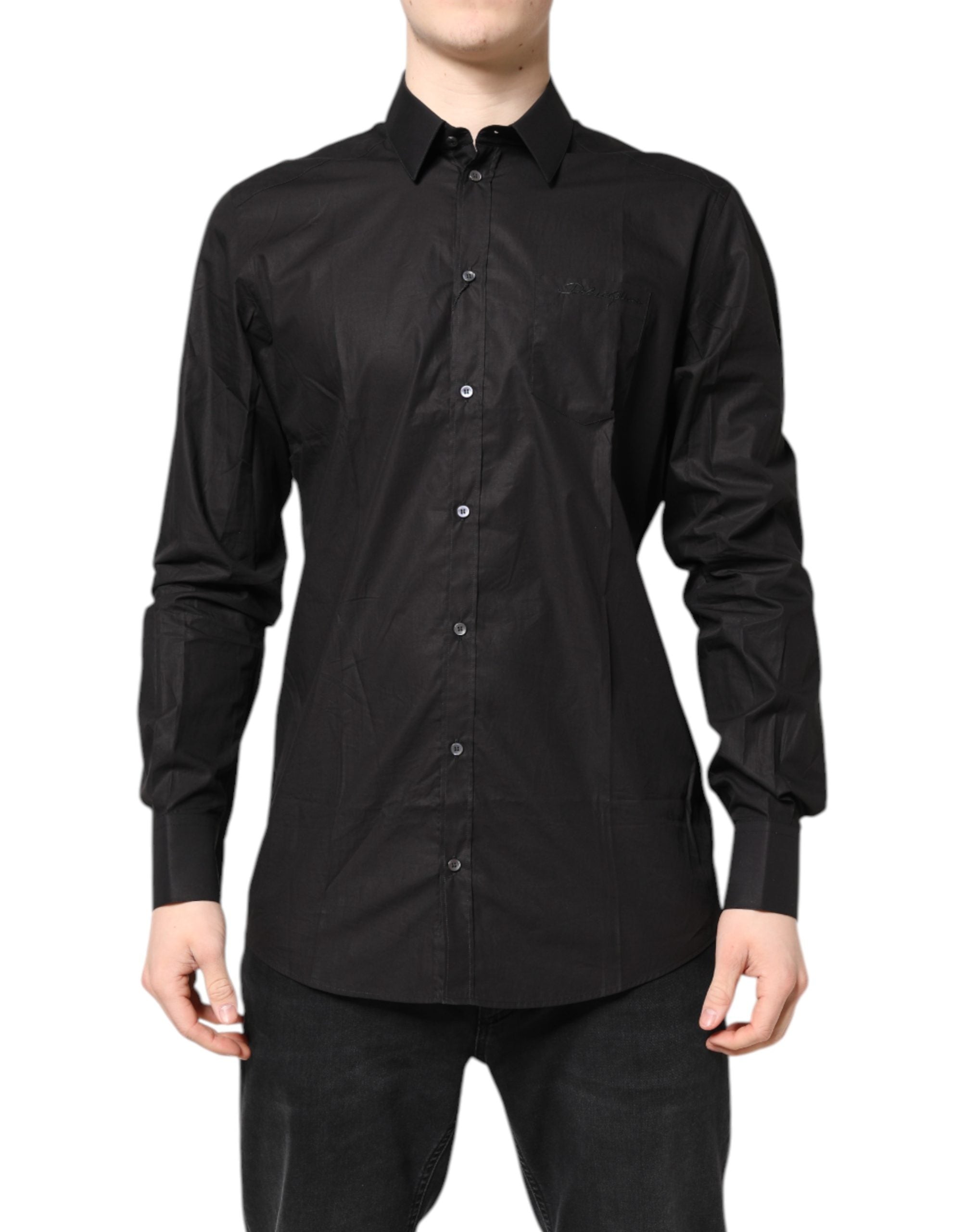 Dolce & Gabbana Camisa Formal de Algodón Negra y DORADA con Cuello