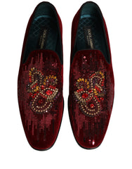 Dolce & Gabbana Maroon Sequin Gemstone Dress Loafers Shoes