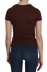 Exte Brown Heart Print Crew Neck T-shirt Short Sleeve Blouse