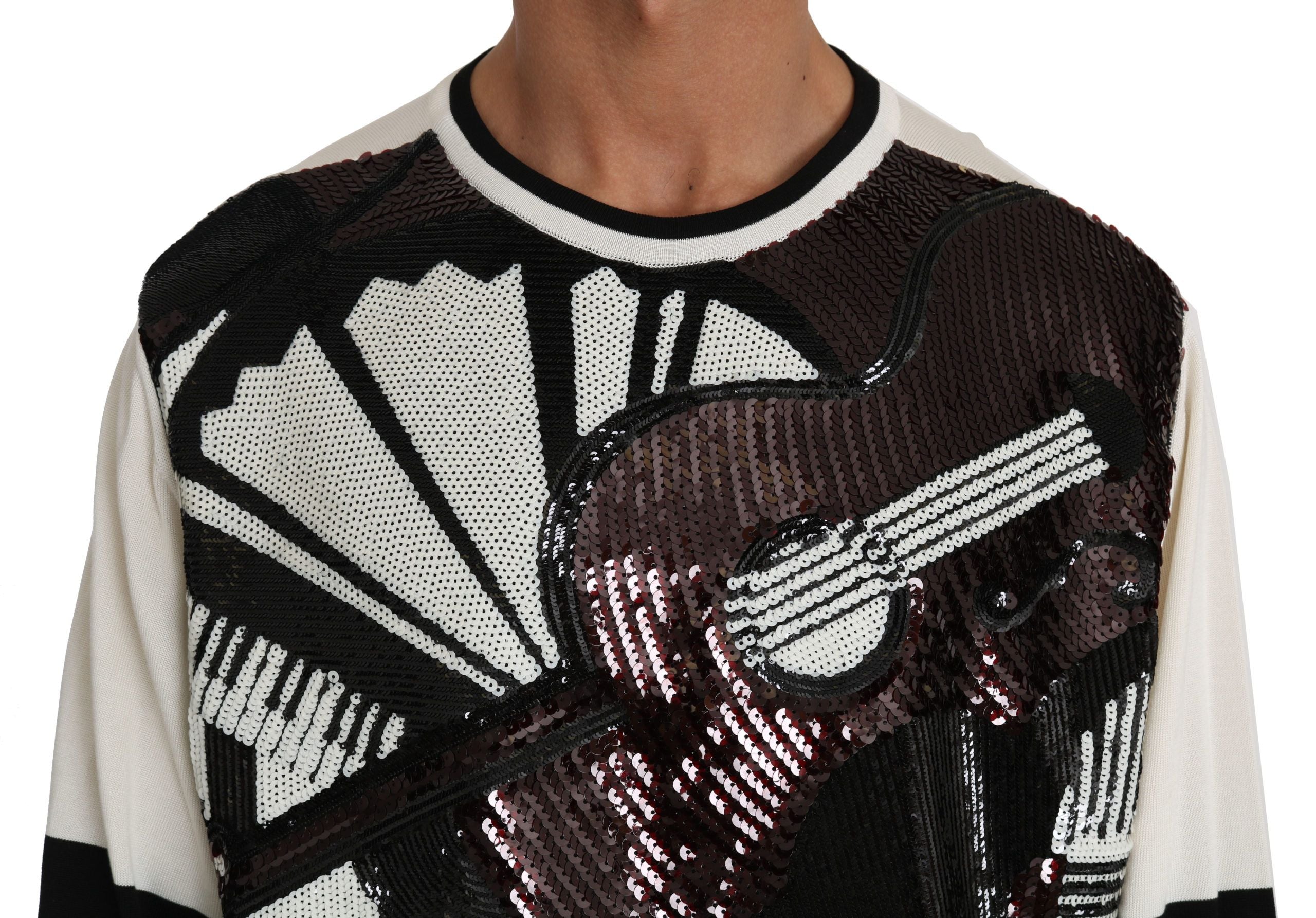 Dolce &amp; Gabbana Weißer Pullover mit Pailletten-Gitarrenmotiv im Jazz-Stil
