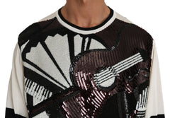 Dolce &amp; Gabbana Weißer Pullover mit Pailletten-Gitarrenmotiv im Jazz-Stil