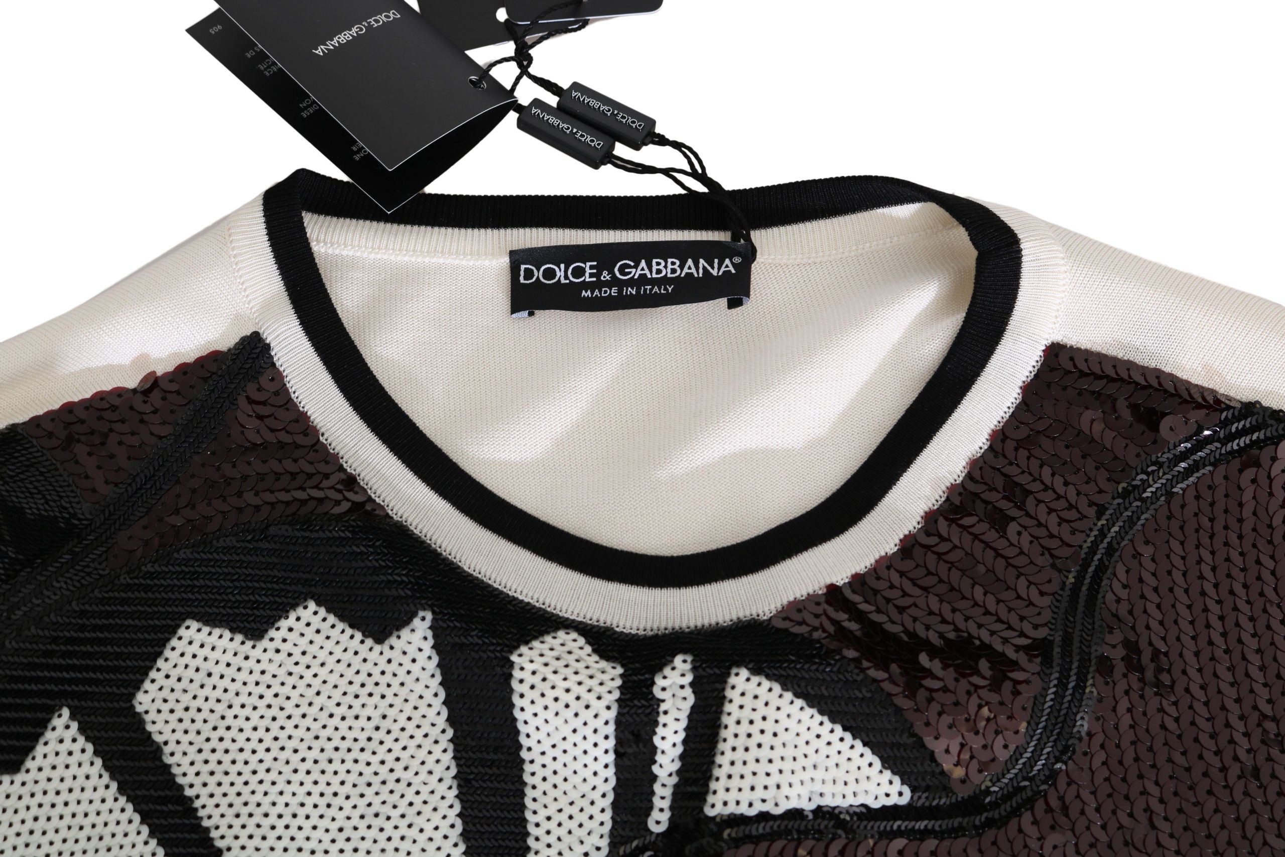Dolce &amp; Gabbana Weißer Pullover mit Pailletten-Gitarrenmotiv im Jazz-Stil