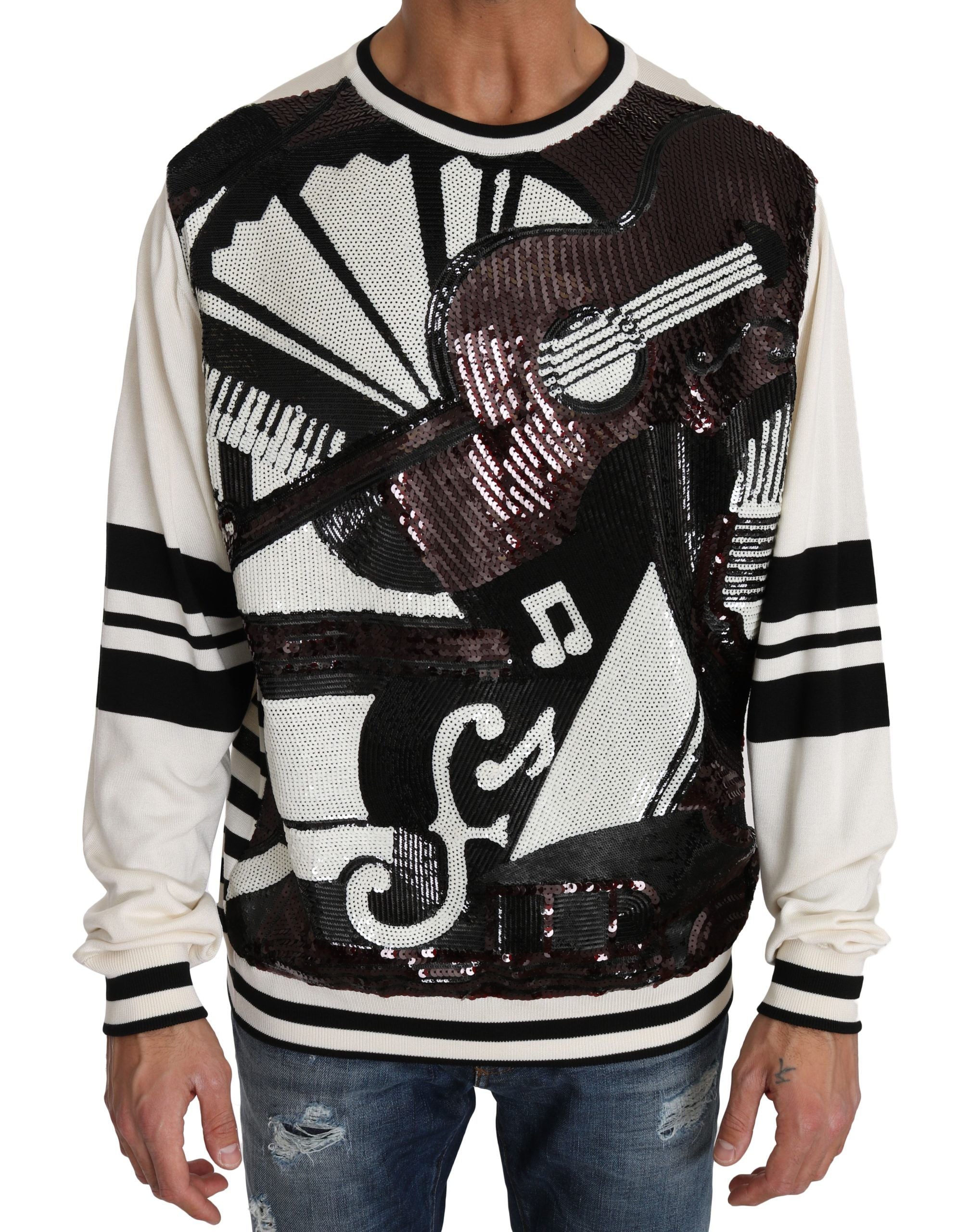Dolce &amp; Gabbana Weißer Pullover mit Pailletten-Gitarrenmotiv im Jazz-Stil