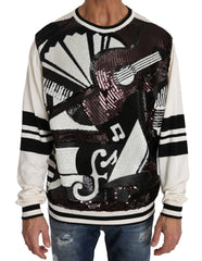 Dolce &amp; Gabbana Weißer Pullover mit Pailletten-Gitarrenmotiv im Jazz-Stil