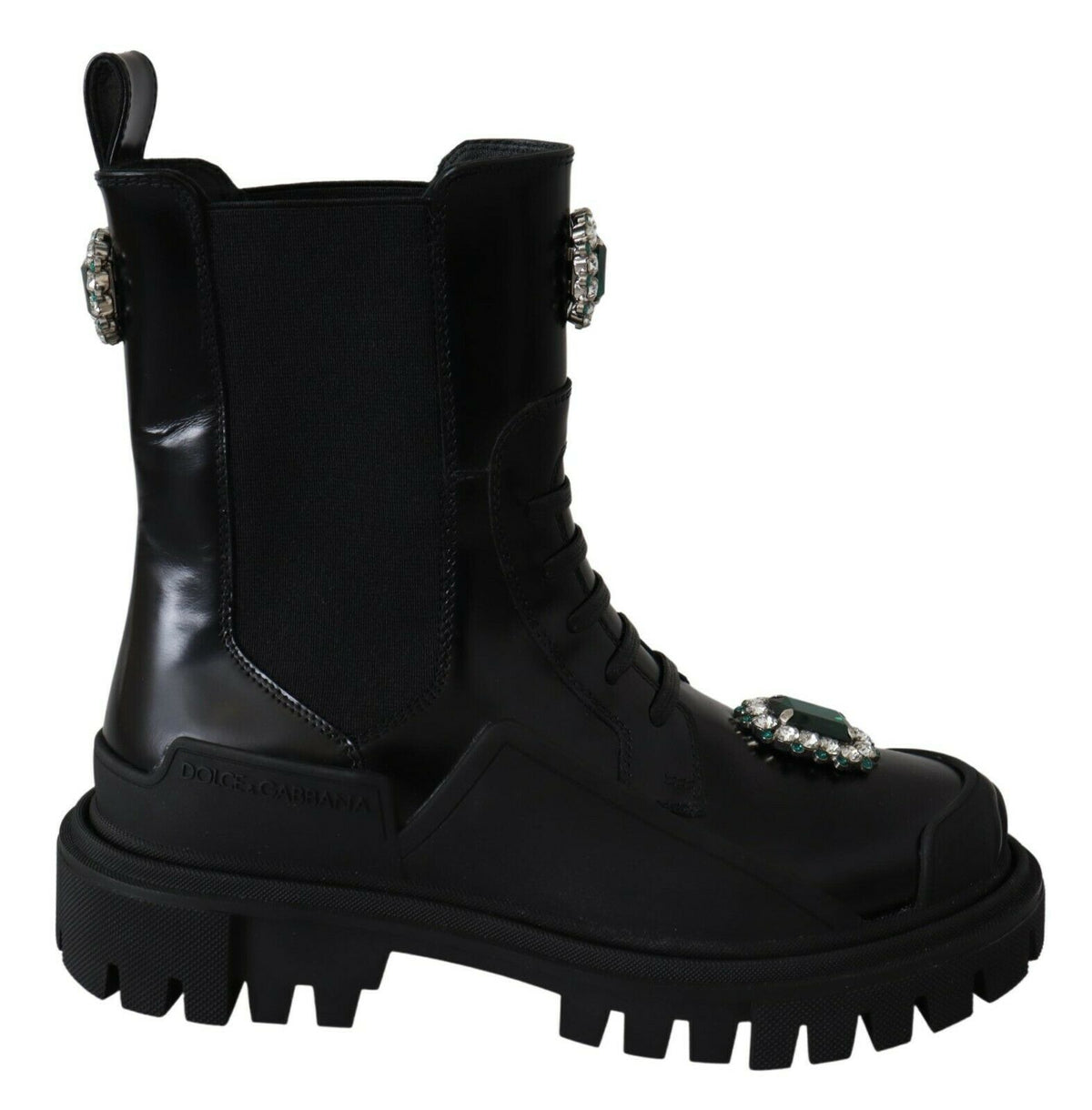 Dolce &amp; Gabbana Schwarze Leder-Kampfstiefel mit Kristallverzierungen