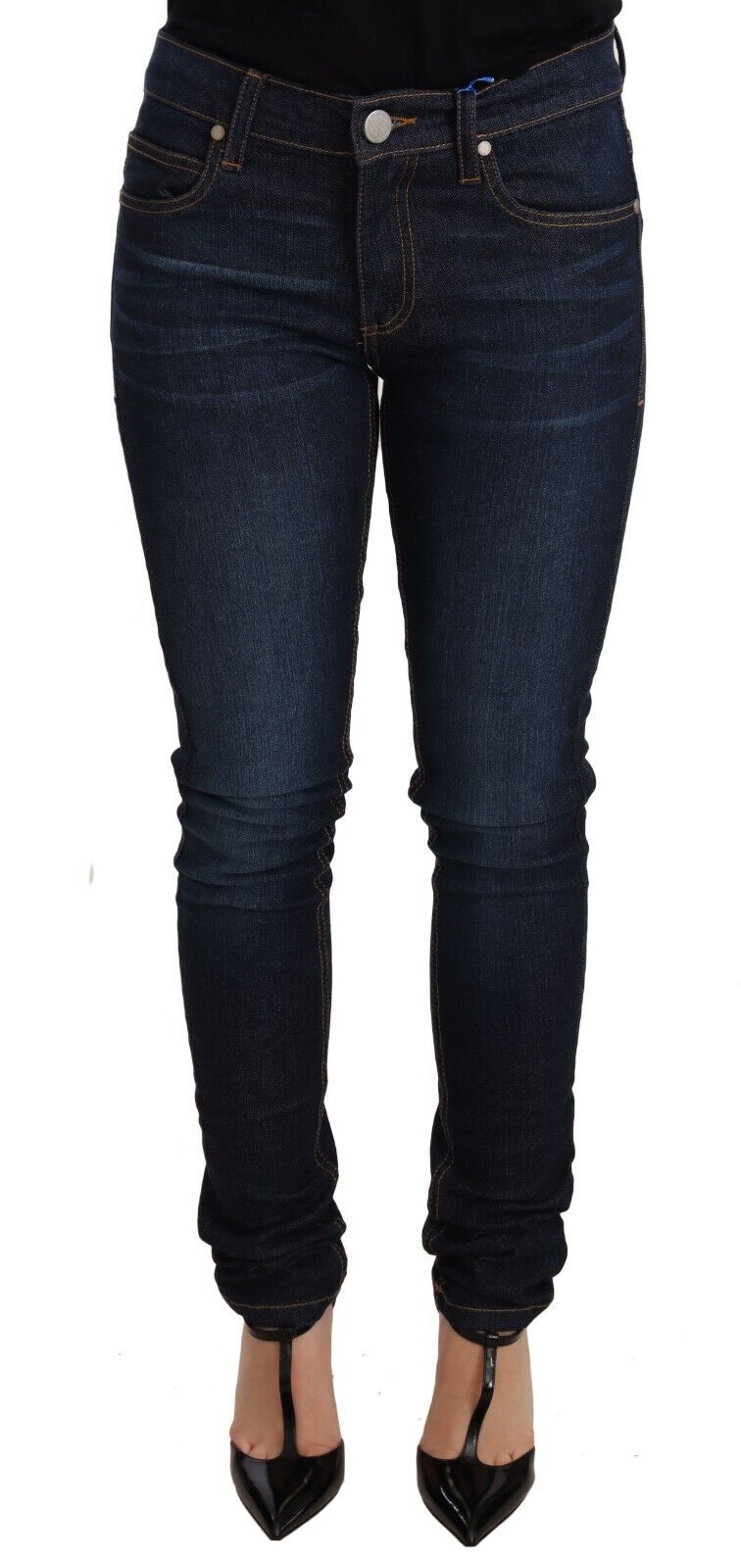 Jean Versace en denim bleu foncé, taille basse, en coton skinny.