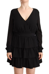 Robe courte trapèze à manches longues et col en V en polyester noir Liu Jo