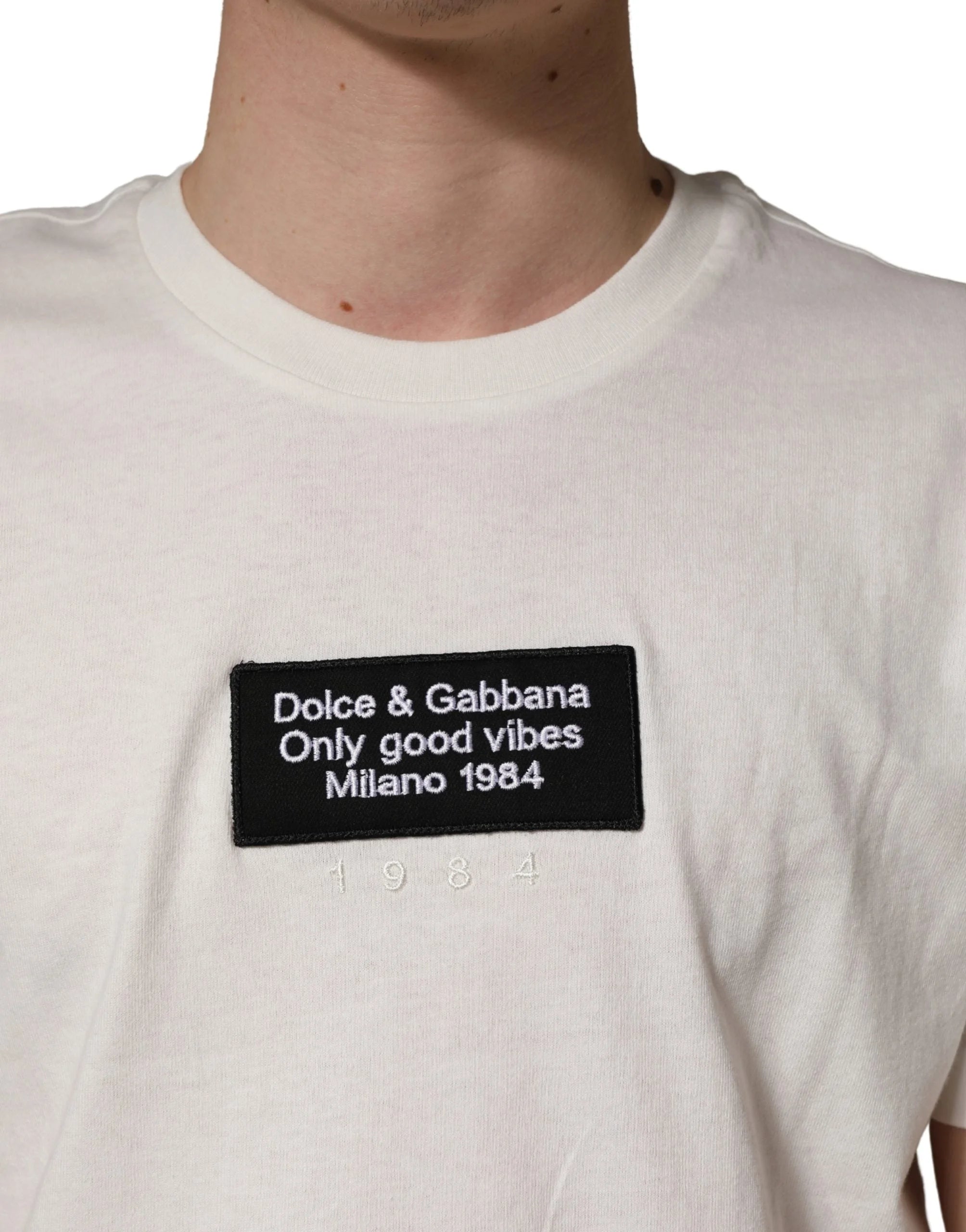 Dolce & Gabbana White Logo Patch Cotton Men Crew Neck T-shirt - IT48 | M