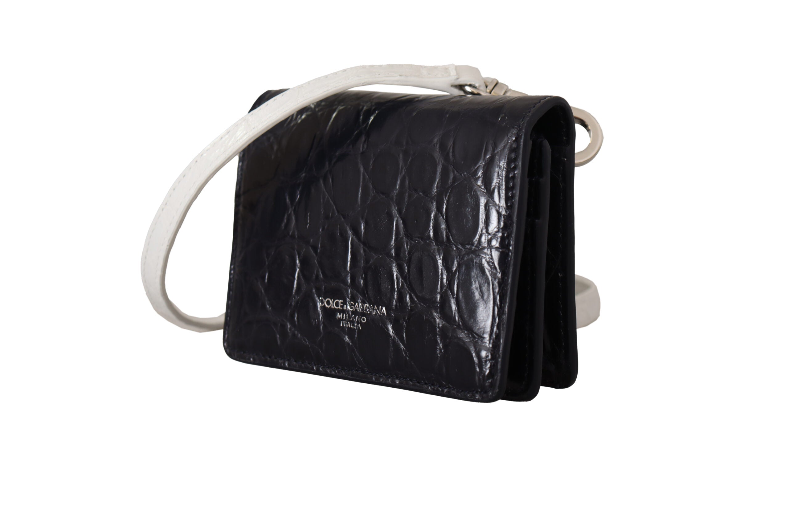 Dolce &amp; Gabbana Geldbörse mit Kartenhalter und Riemen aus blau-weißem Kaimanleder