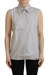 Ferre Light Gray Stripes Cotton Sleeveless Collared Top